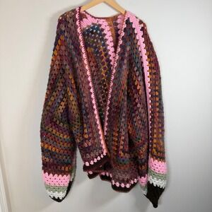 Handmade BOHO Granny Square Crochet Knit Open Front Cardigan Oversized Colorful